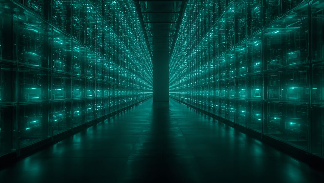 Futuristic teal data center corridor guiding eye toward distant column, glass server racks