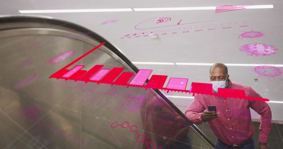 Man Analyzing COVID-19 Data While Using Smartphone on Escalator