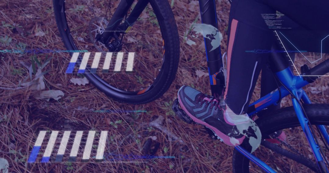 Cyclist Balancing on Forest Trail with Futuristic Graphics