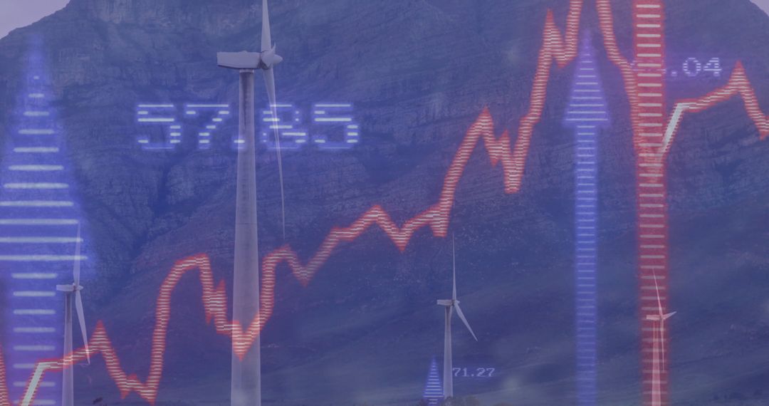 Wind turbines with financial data overlay illustrating energy market trends