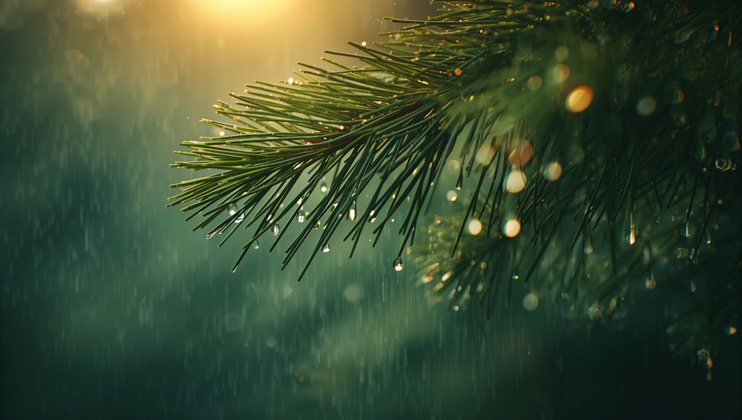 Serene Pine Branch with Droplets and Golden Bokeh Atmosphere