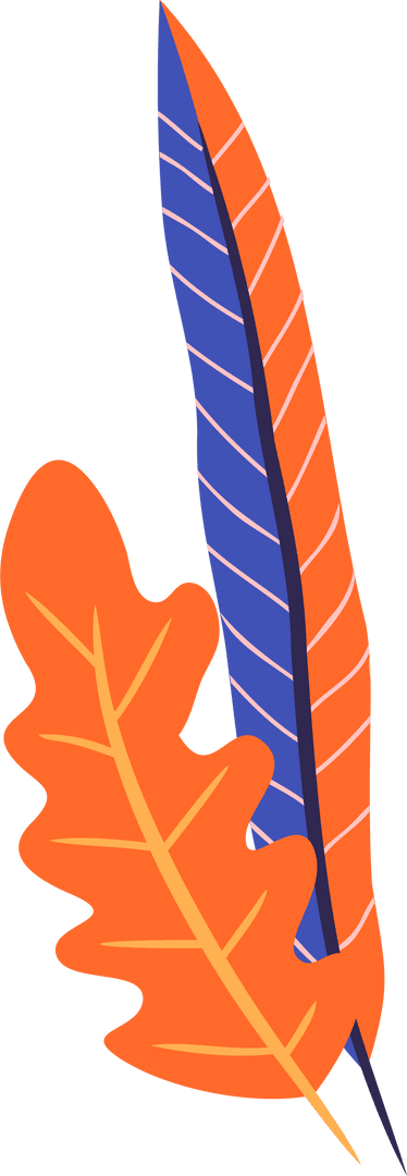 Floating Orange Oak Leaf and Blue Orange Feather on Transparent