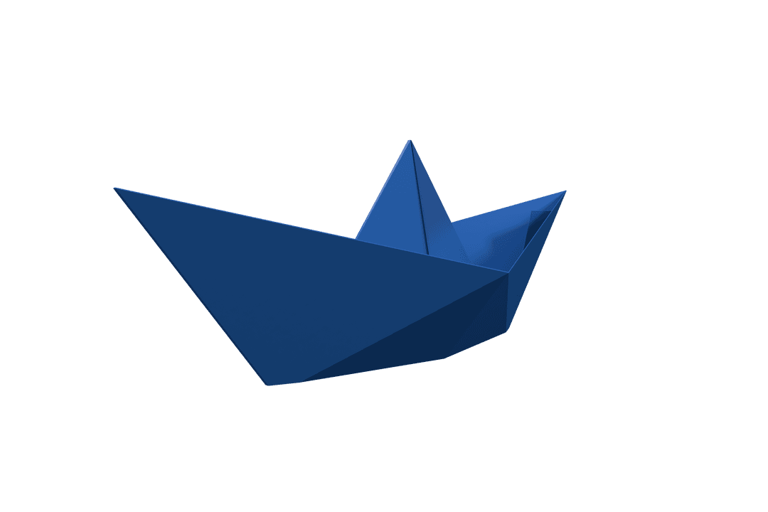 Floating Origami Blue Paper Boat on Transparent Background