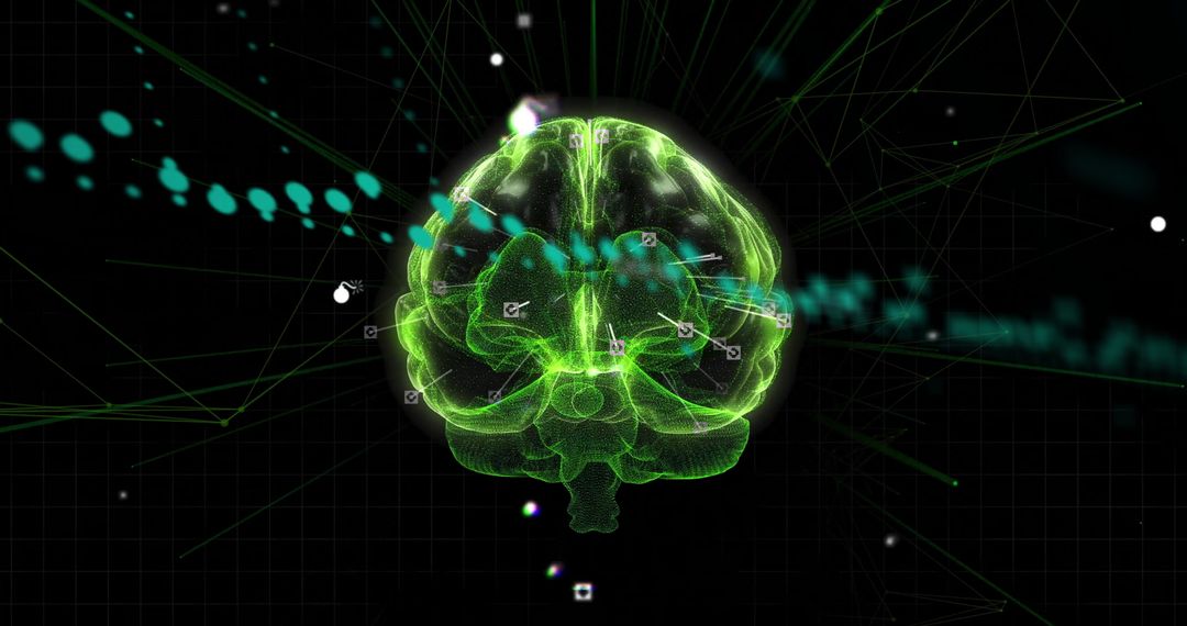Neon Green Wireframe Brain in Futuristic Digital Network