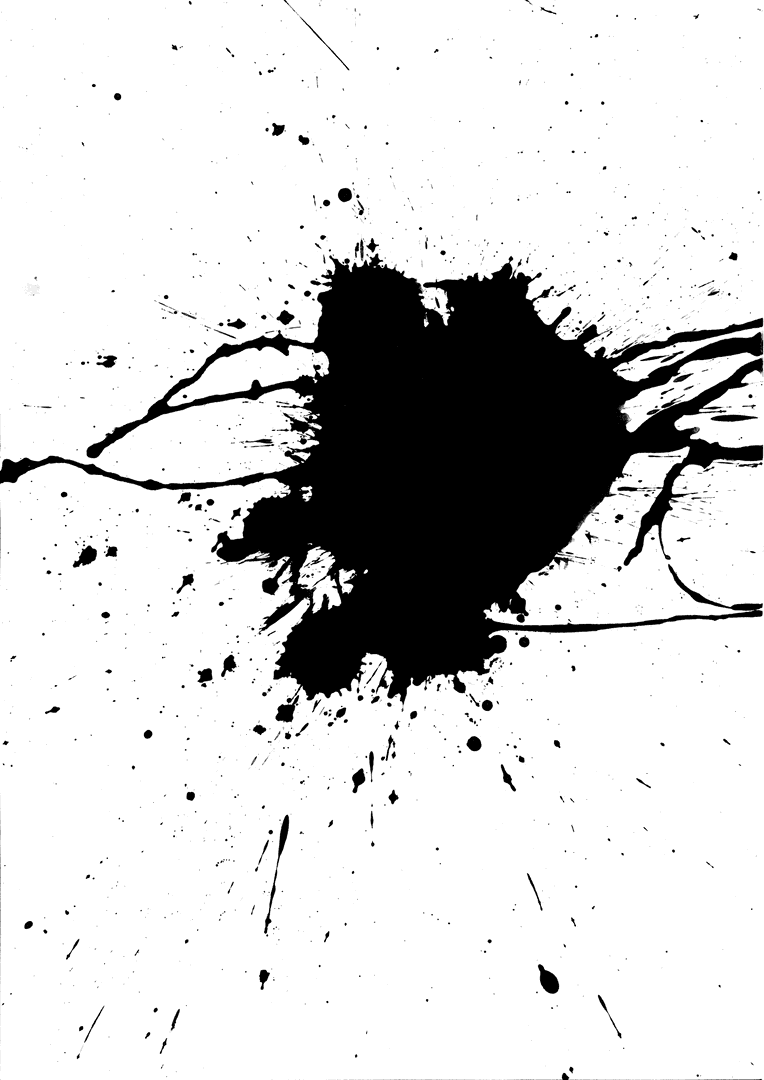 Abstract Black Ink and Paint Splat with Drops on Transparent Background