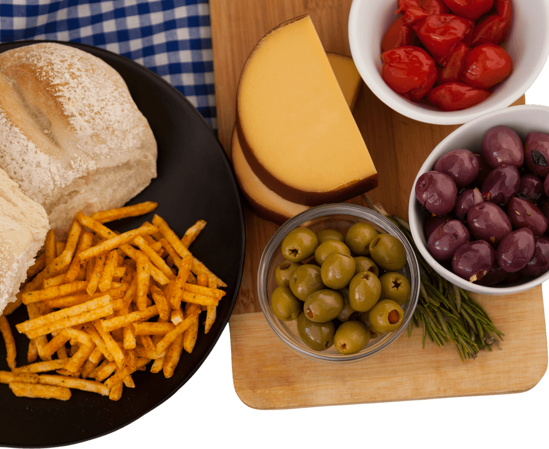 Transparent Snack Selection with Bread, fries, and Vegetables