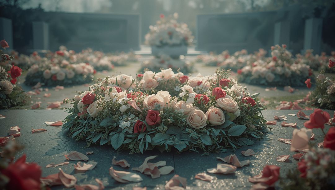 Wreath of Pink and Red Roses on Memorial with Scattered Petals