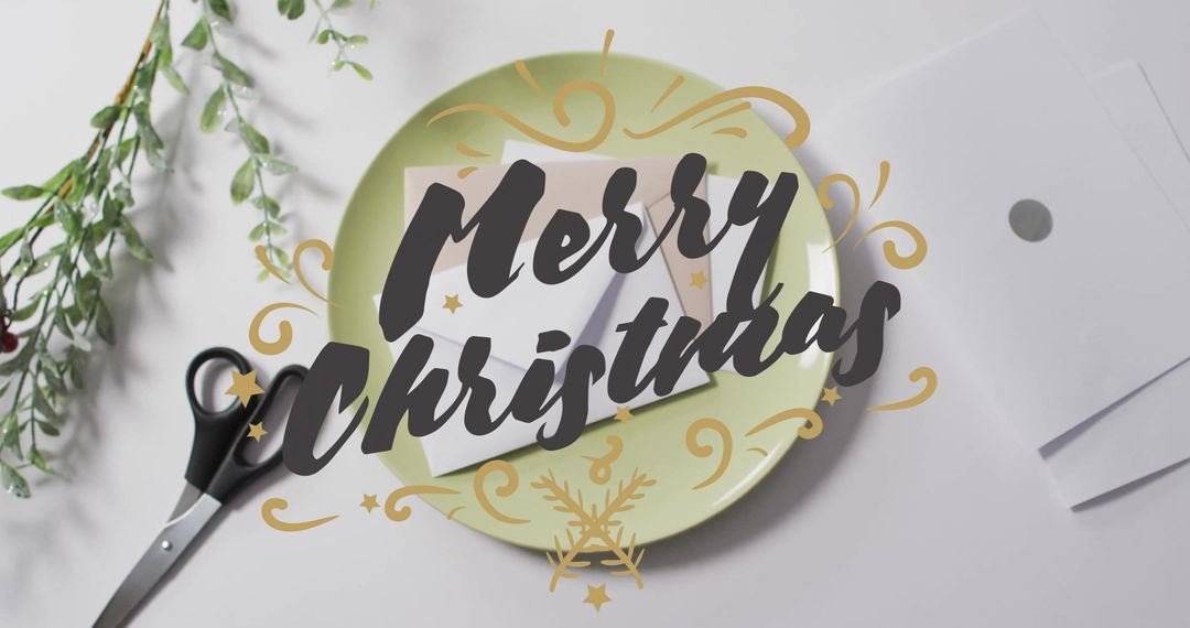 Merry Christmas Text on Plate with Envelopes and Scissors