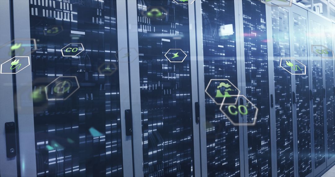 Digital Composite Icons Over Data Center Server Racks