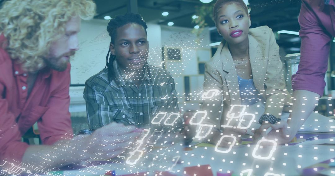 Diverse Business Team Discussing with Digital Binary Overlay