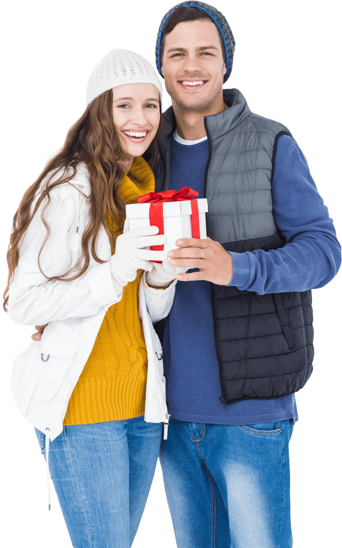 Smiling Couple Holding Gift Package Transparently Isolated