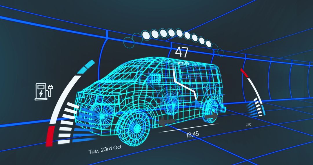 3D Digital Blueprint of Van with Futuristic Speedometer Display