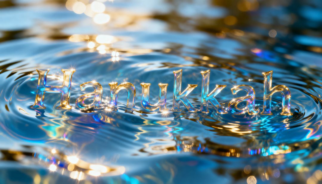 Floating glass Hanukkah letters reflecting blue and gold light on rippling water