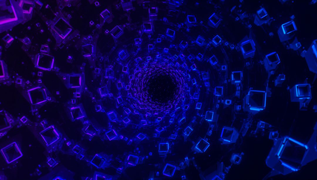 Spiraling Neon Cube Tunnel Pulling Into Dark Void, Futuristic Digital Vortex