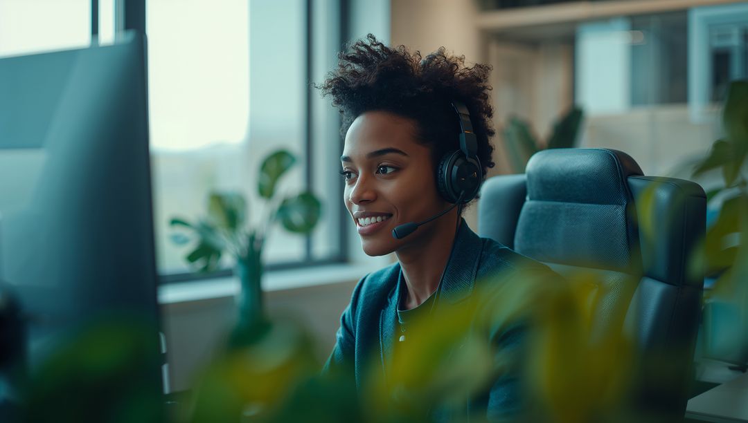 Smiling Customer Support Agent with Headset at Modern Office Desk