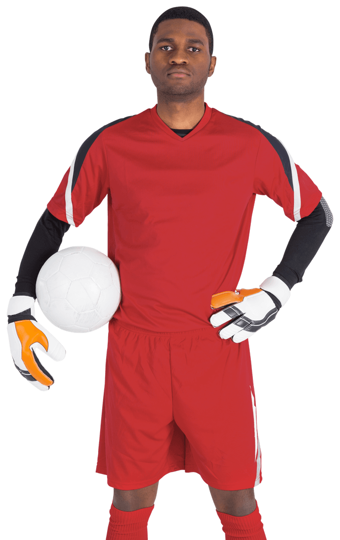 Soccer Goalkeeper in Red Jersey Holding Ball on Transparent Background