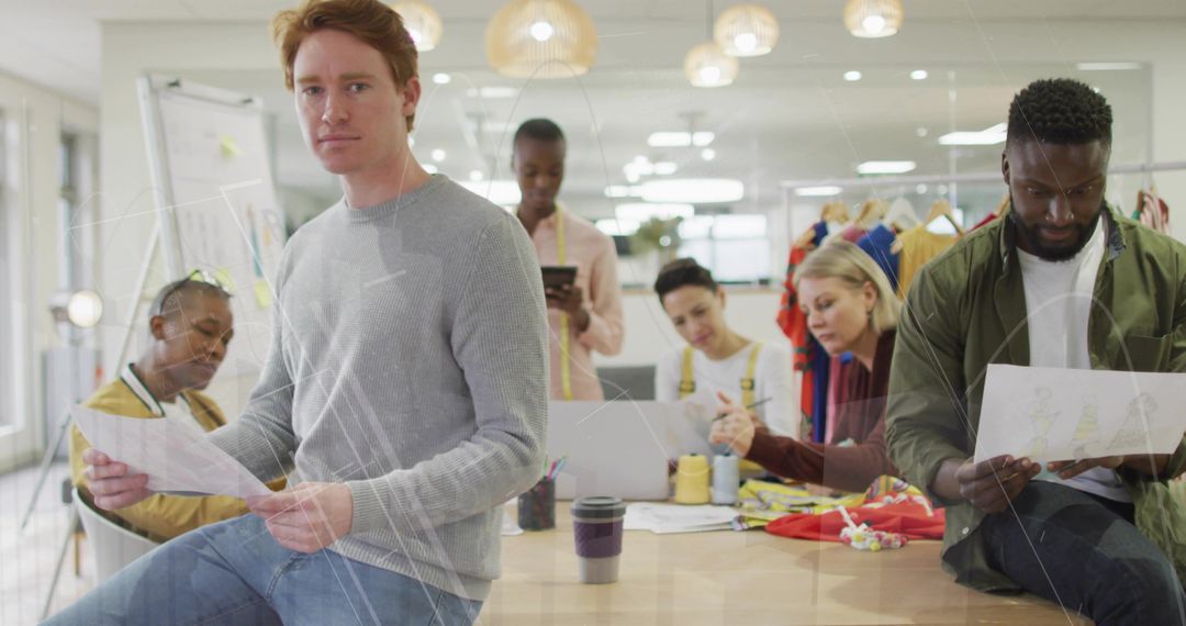 Creative team reviewing fashion sketches and fabric swatches at collaborative design table