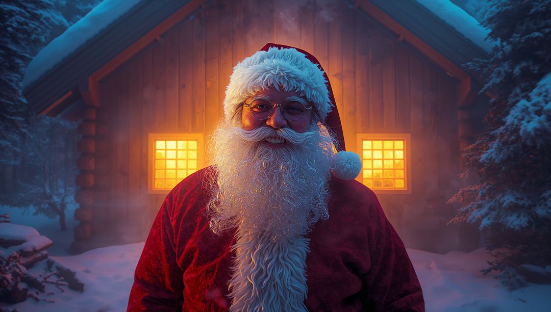 Santa Claus Standing by Cozy Log Cabin in Snowy Wilderness