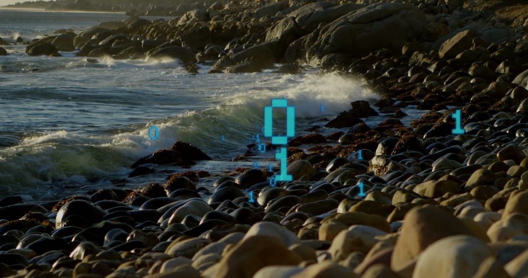 Futuristic Binary Code Over Rocky Beach at Sunset