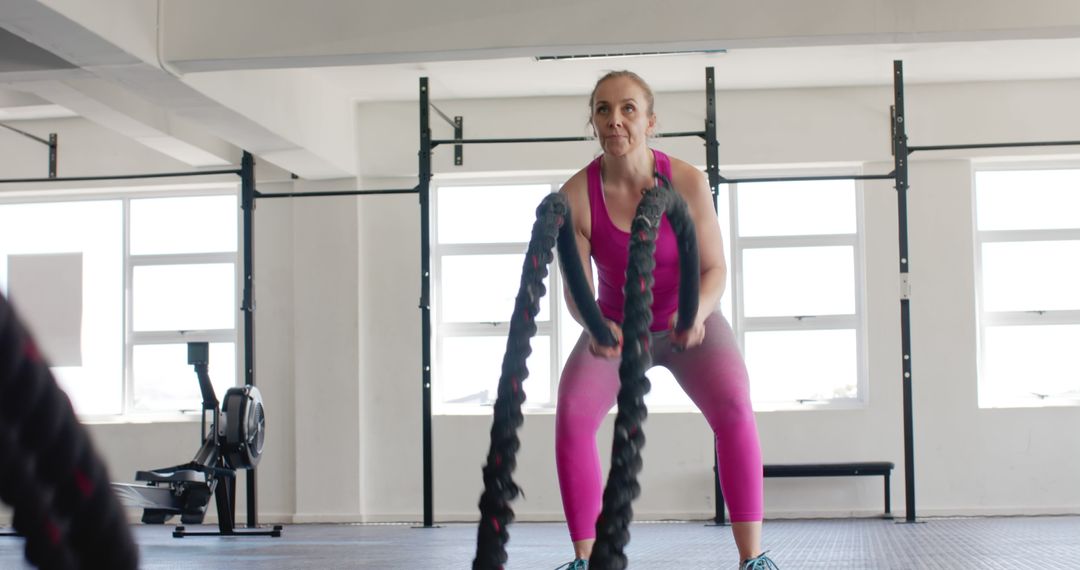 Determined Woman Exercising with Battle Ropes at the Gym - Free Images, Stock Photos and Pictures on Pikwizard.com