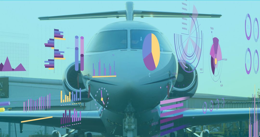 Private Jet on Runway with Data Charts Visualizing Innovation