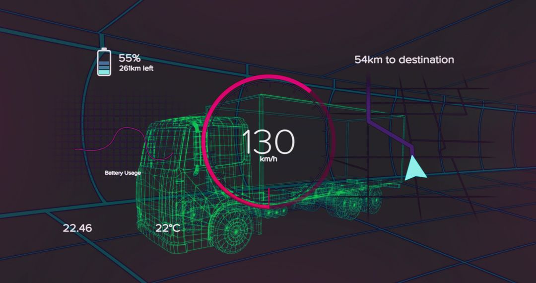 Neon wireframe semi-truck 3D dashboard displaying telemetry gauge 130 km/h battery 55%