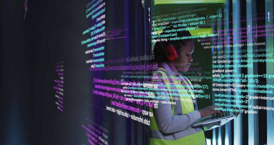 Engineer Analyzing Data with Holographic Interface in Server Room