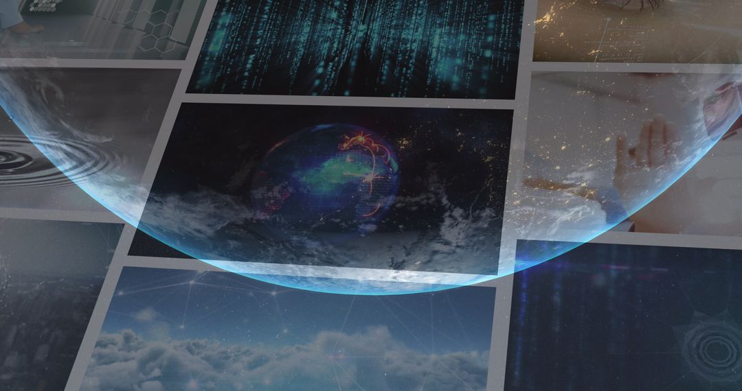Futuristic Globe Overlaying Diverse Digital Screens