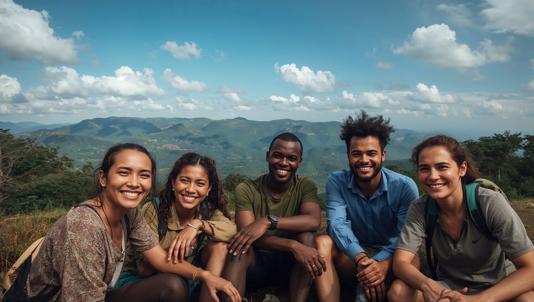 Diverse Group of Hikers Enjoying Scenic Mountain View on Hilltop