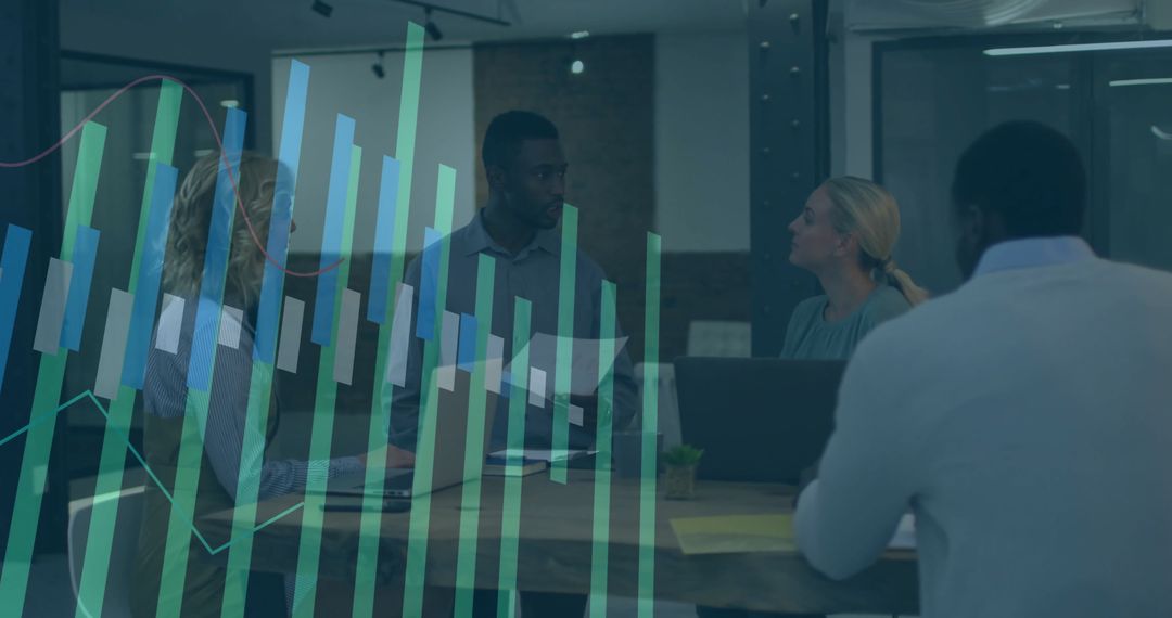 Team Discussing Project in Office with Data Visualization Overlay