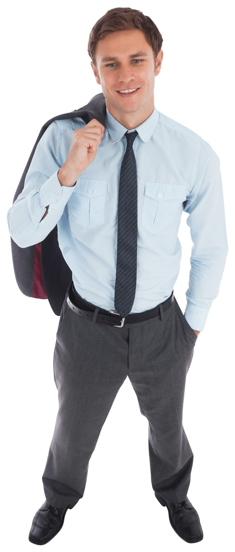 Confident Businessman Holding Jacket Smiling on Transparent Background
