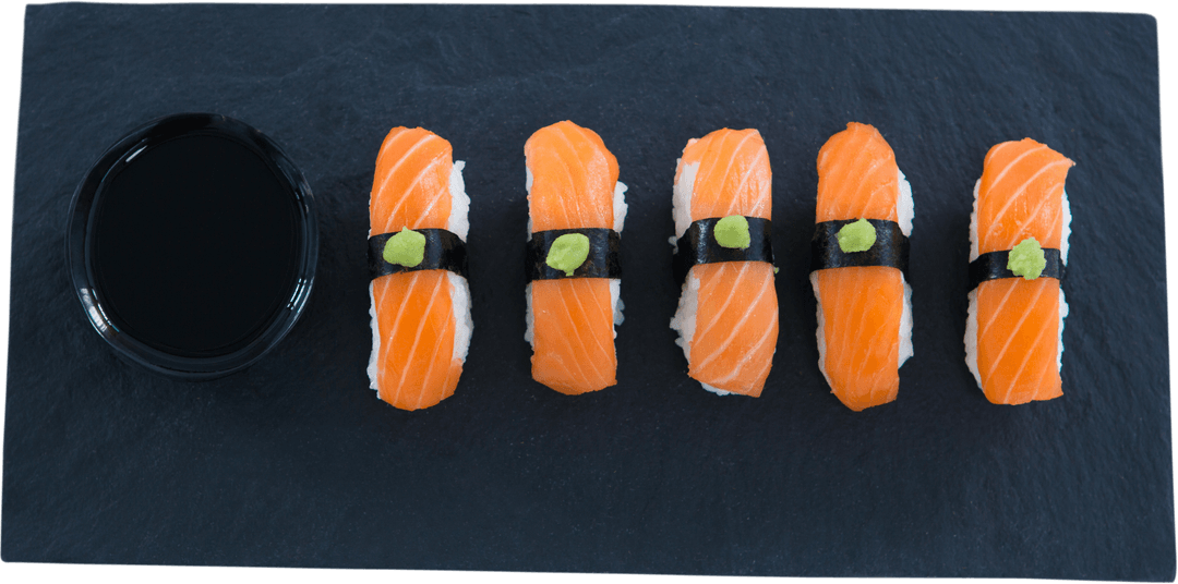 Transparent Nigiri Sushi and Soy Sauce on Slate Tray