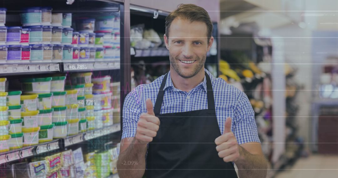 Smiling Shop Employee in Grocery Store with Digital Data Overlay