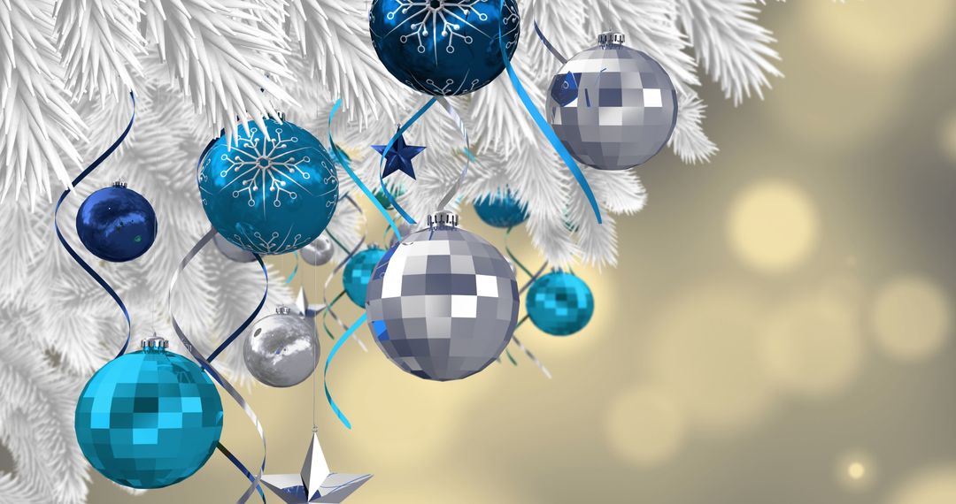 Blue and Silver Christmas Baubles on White Tree Branch