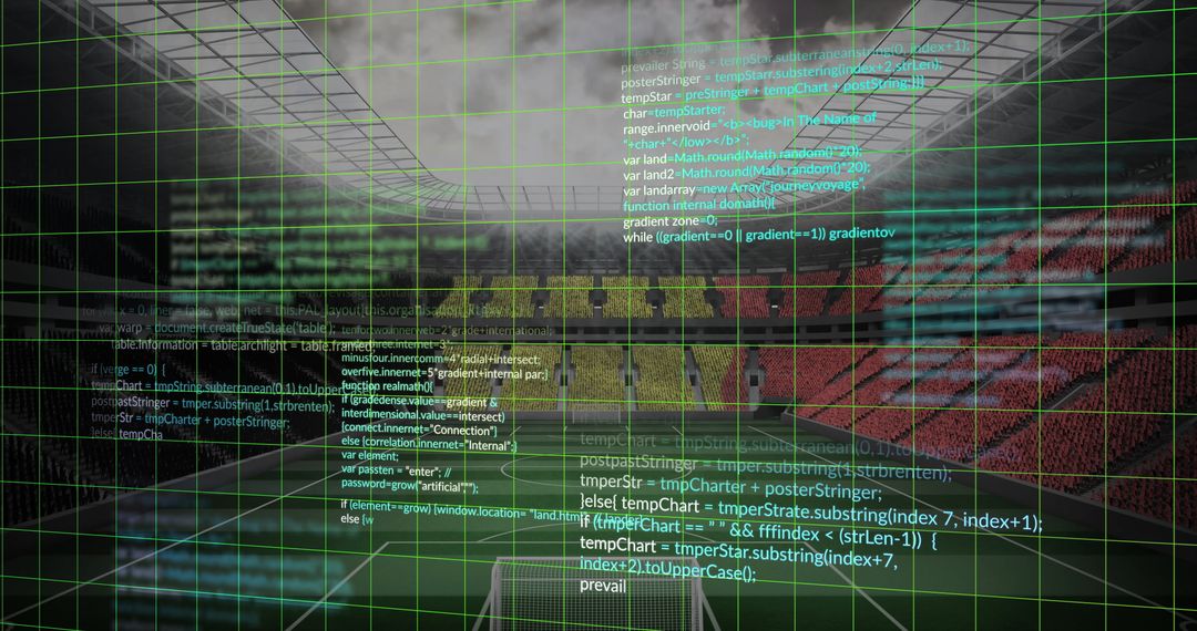 Futuristic Arena with Digital Code and Wireframe Interface
