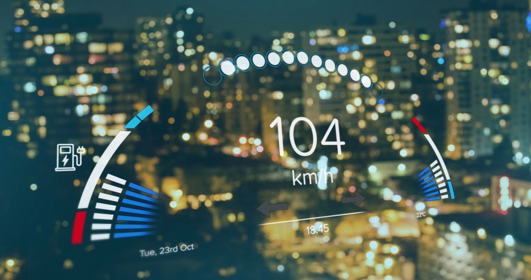 Digital Speedometer Display Overlaying Cityscape at Night