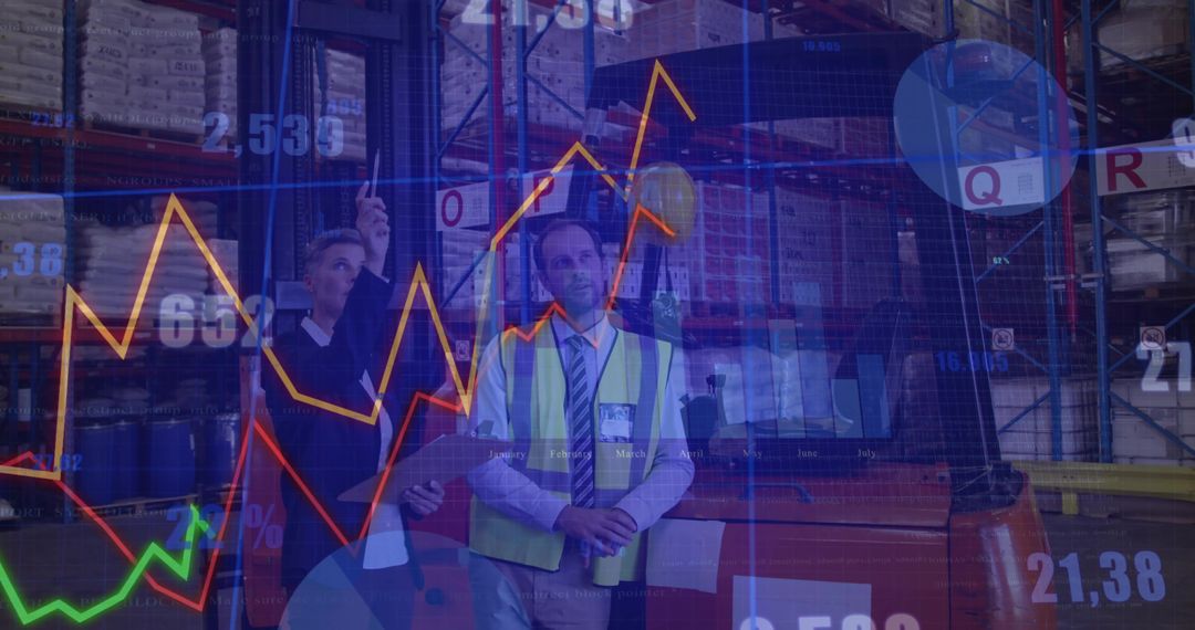 Warehouse Analytics with Business Team Over Digital Data Overlay