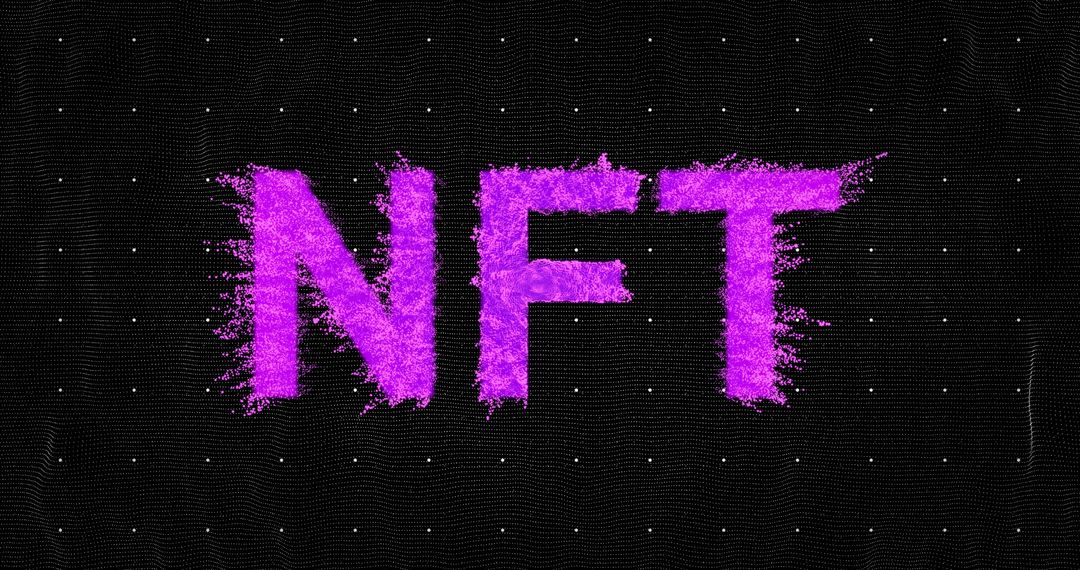 NFT Typography Glowing in Magenta Particle Trails on Dark Mesh Grid Background