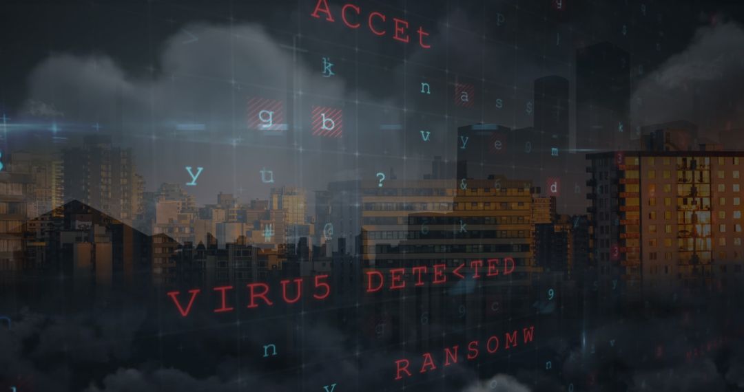 Digital Code Overlay Above Cityscape Warning of Cyber Threat