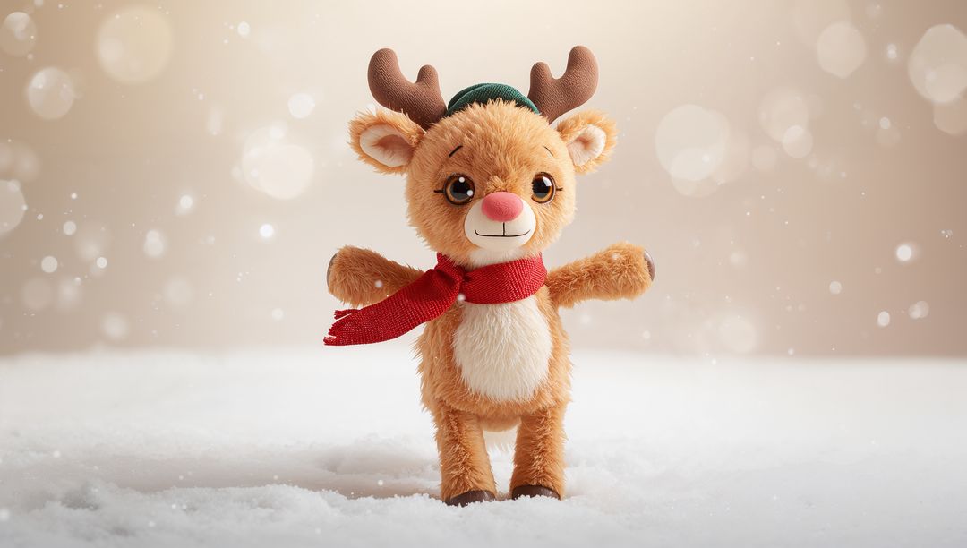 Adorable plush reindeer wearing red scarf and green cap standing on snowy bokeh background