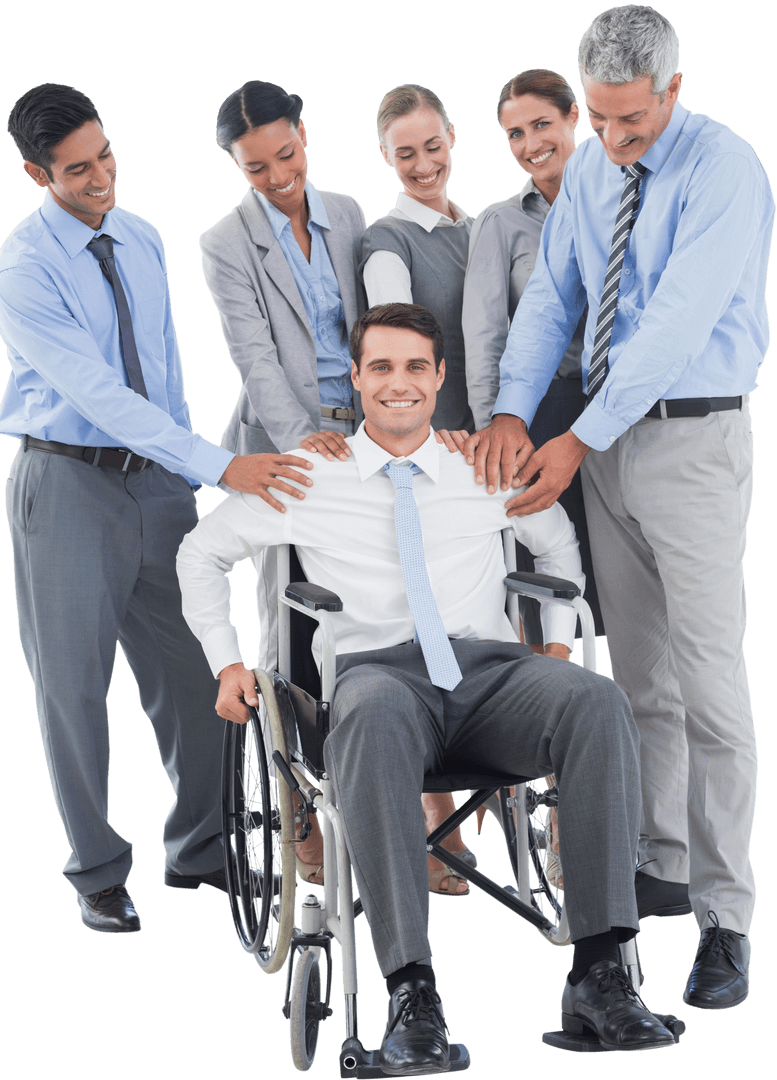 Diverse Business Team Supporting Colleague in Wheelchair Transparent