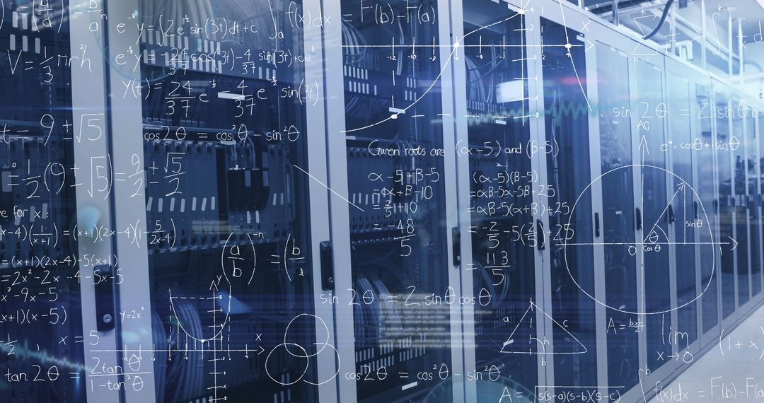 Digital Composite of Mathematical Equations Over Server Room