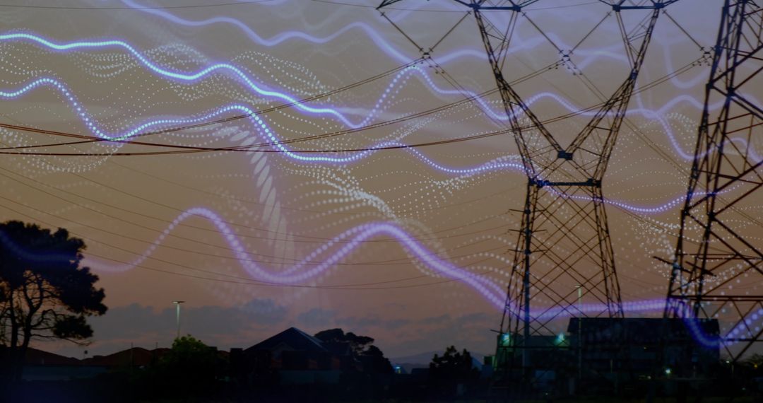 Electrical Power Lines at Twilight with Blue Light Trails