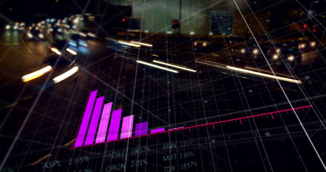 Digital Graph and Data Overlay on Cityscape at Night