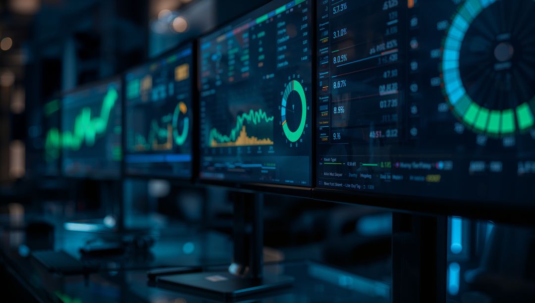 Four Monitors Displaying Financial Dashboards at Trading Desk
