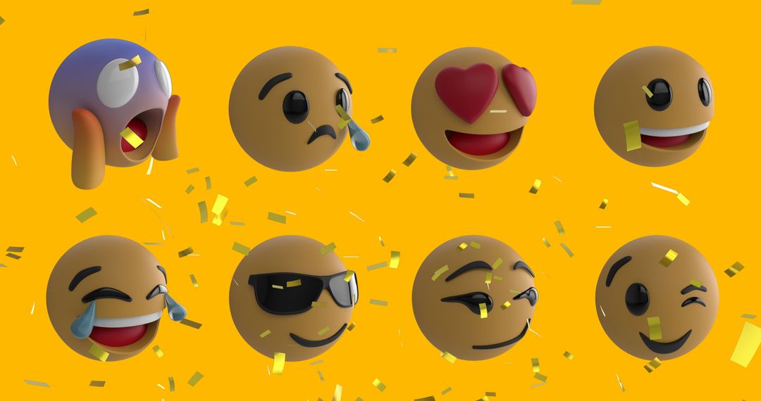 Colorful Emoji Icons on Yellow Background with Falling Gold Confetti