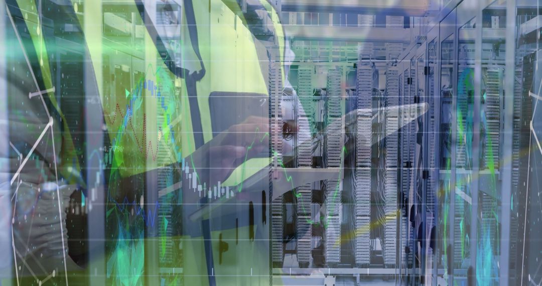 Technician Monitoring Data Center Analytics on Tablet