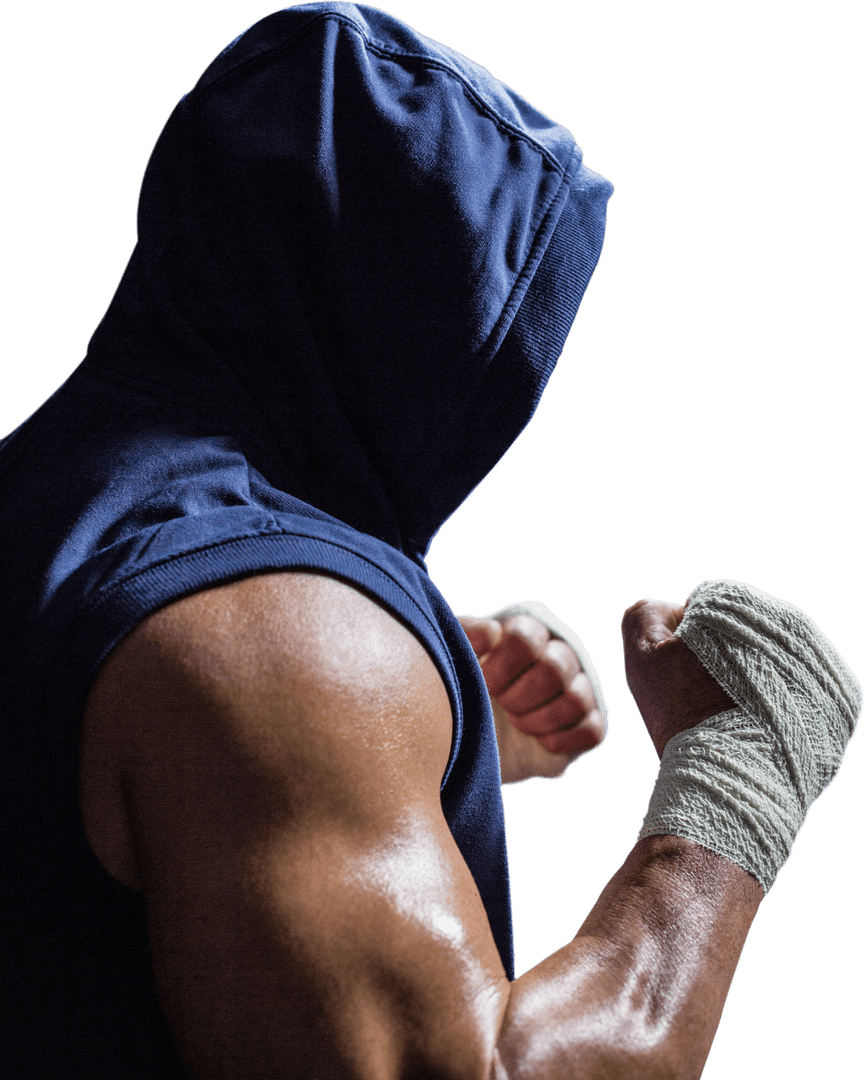 Muscular Man in Blue Hoodie with Boxing Stance on Transparent Background