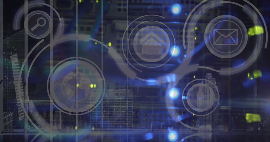 Digital Interface with Technological Icons Over Cityscape