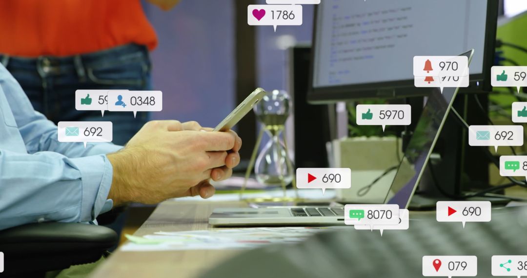 Caucasian Businessman Engaging with Social Media Metrics at Workplace